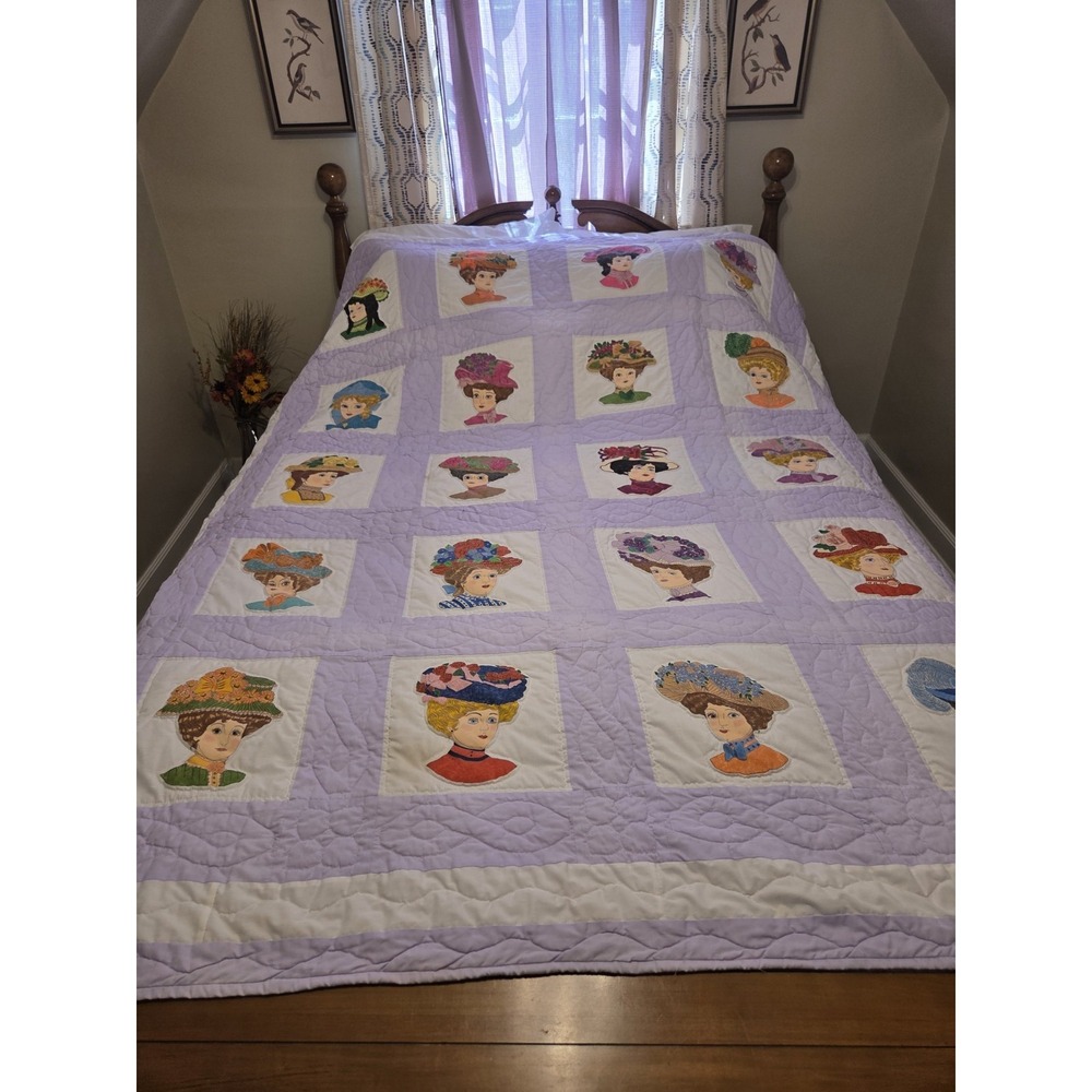Vtg Quilt Victorian Ladies Applique Edwardian Whimsy Fashion Hats Millinery